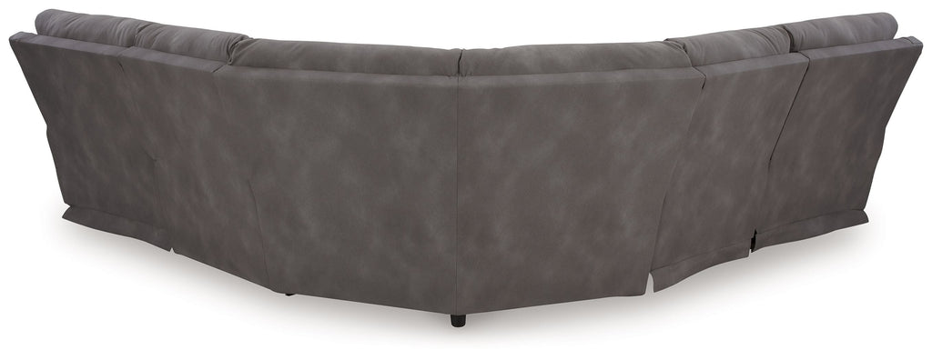Dark gray power reclining sectional, low-profile corner chaise with tufted arms