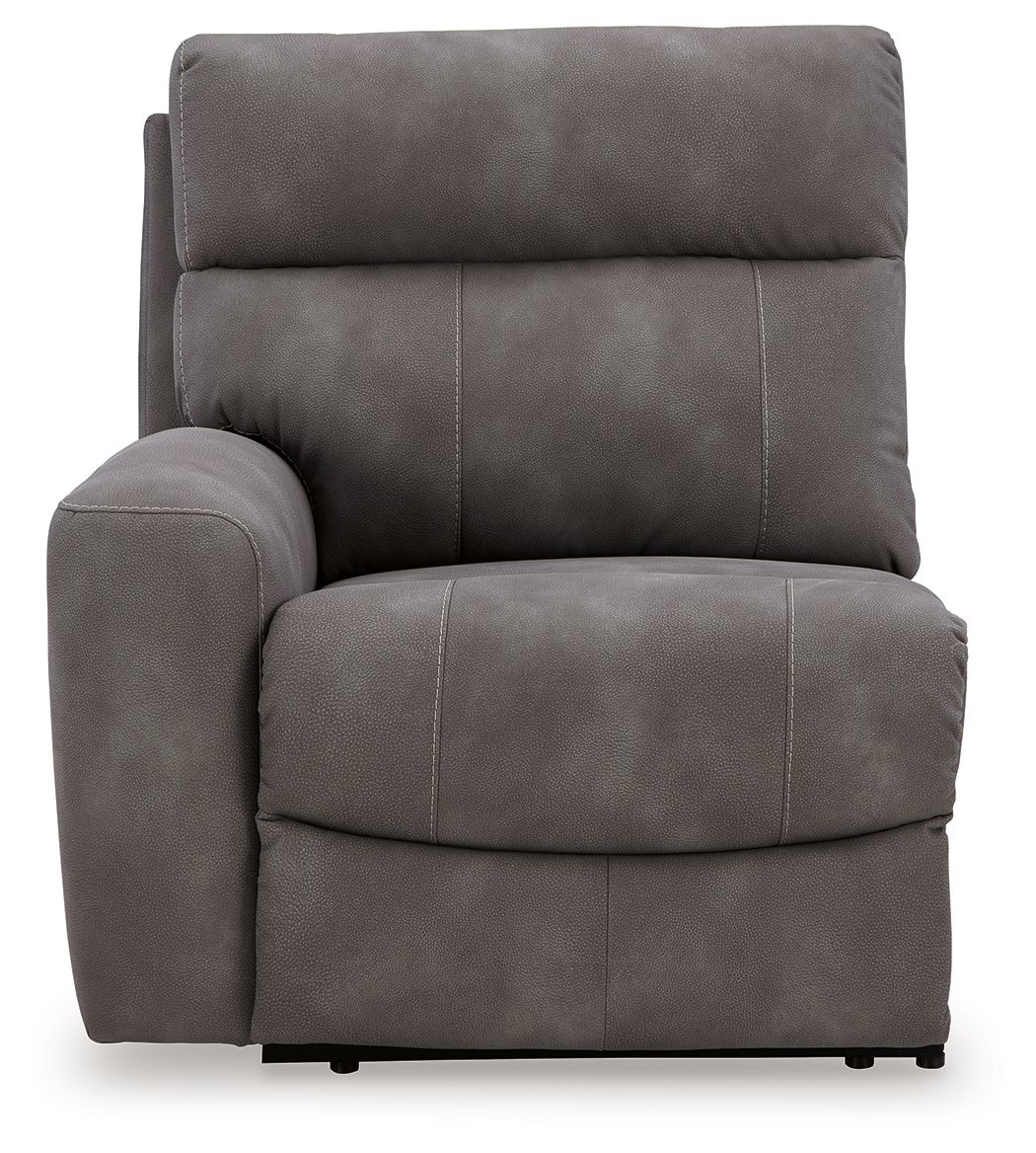 Gray power recliner chair with padded arms and upholstered seat cushion