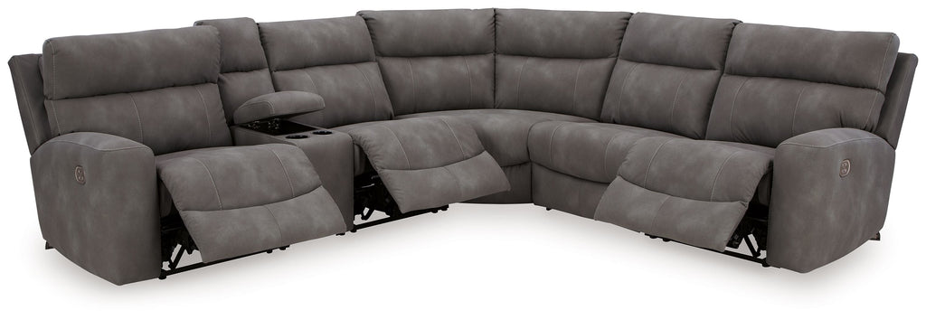 Gray power reclining sectional with multiple seats and built-in console center