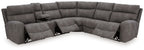 Gray power reclining sectional with multiple seats and built-in console center