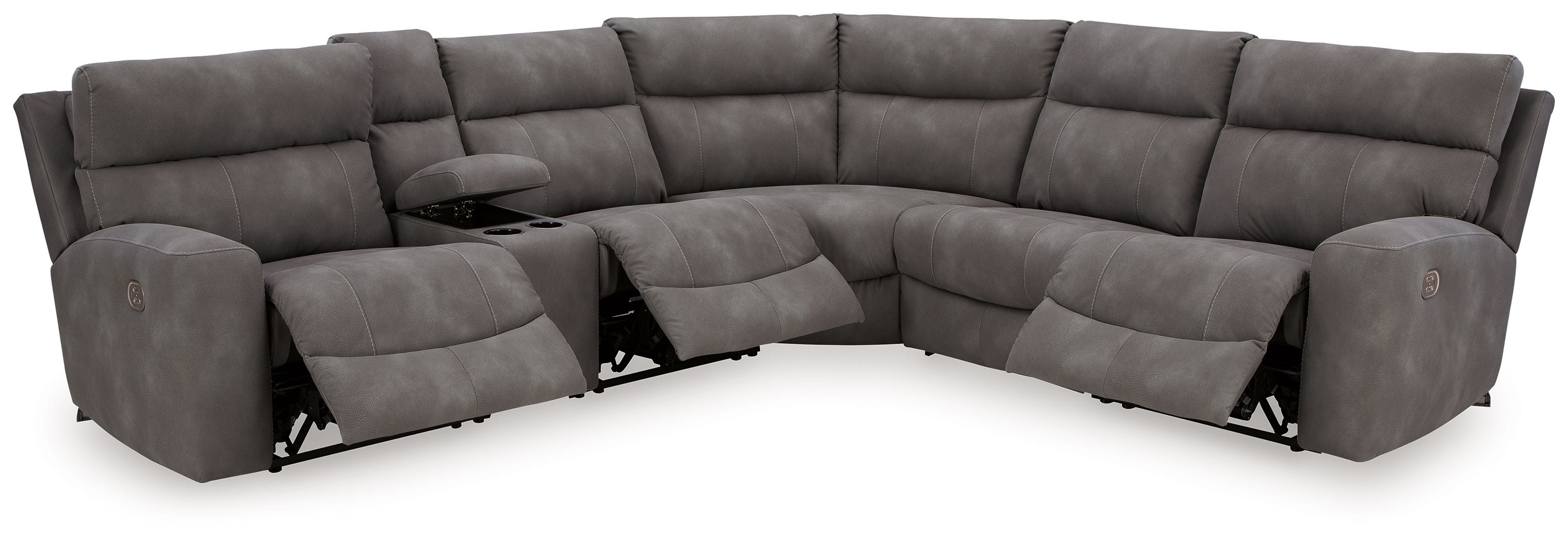 Gray power reclining sectional with multiple seats and built-in console center
