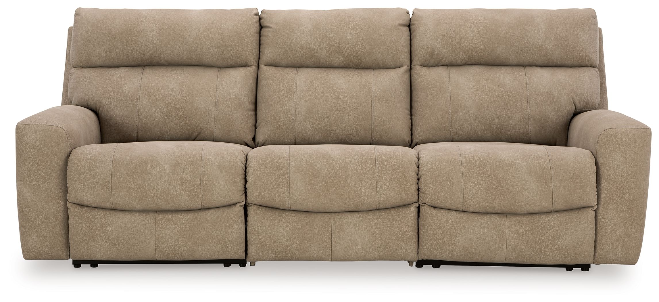 Light sand power reclining sectional sofa with three padded recliner seats