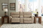 Light beige power reclining sectional with two recliner seats and padded arms