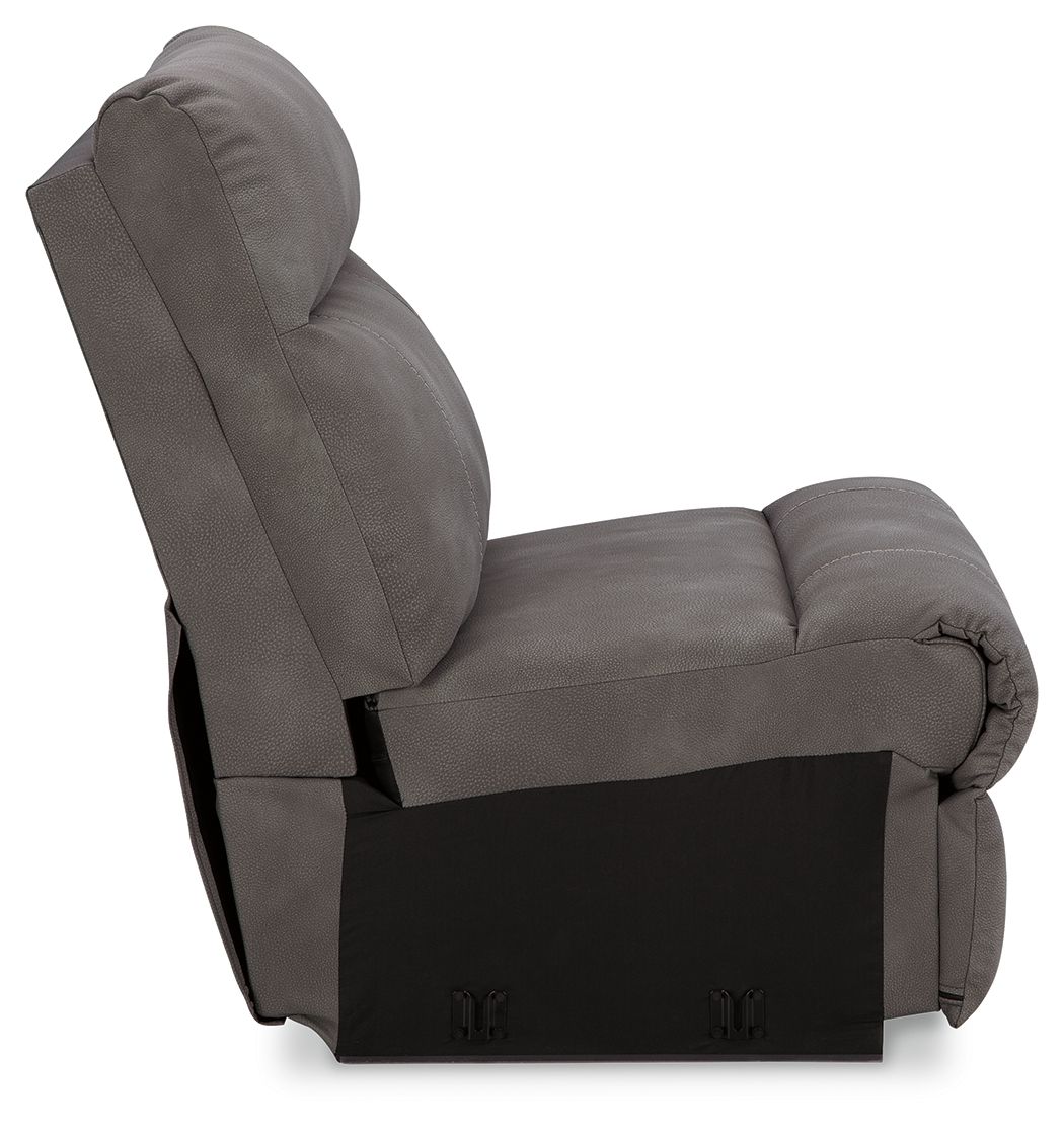 Dark gray power recliner seat with tall headrest and padded armrests