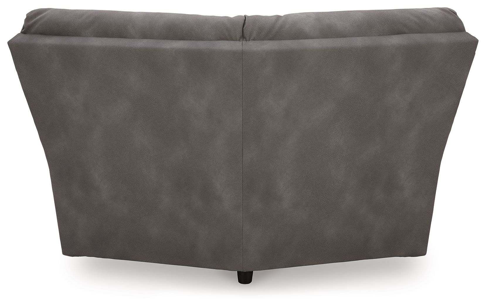 Dark gray upholstered sectional back with padded cushions and low legs