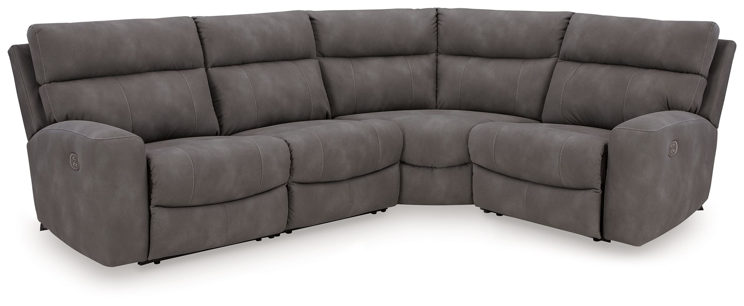 Dark slate gray power reclining sectional sofa with box cushions and curved arms