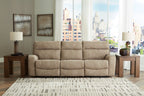 Light beige power reclining sectional with three seat backs and square legs