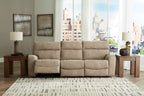 Power reclining sectional sofa in tan fabric, with multiple padded seats and armrests