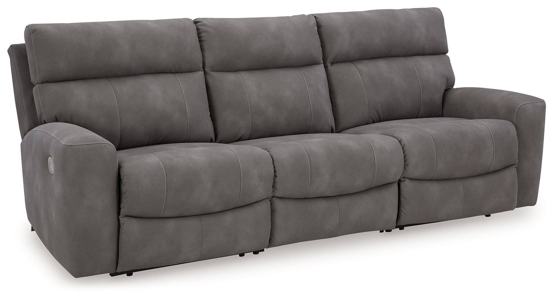 Slate gray power reclining sectional sofa with reclining seat panels and padded arms