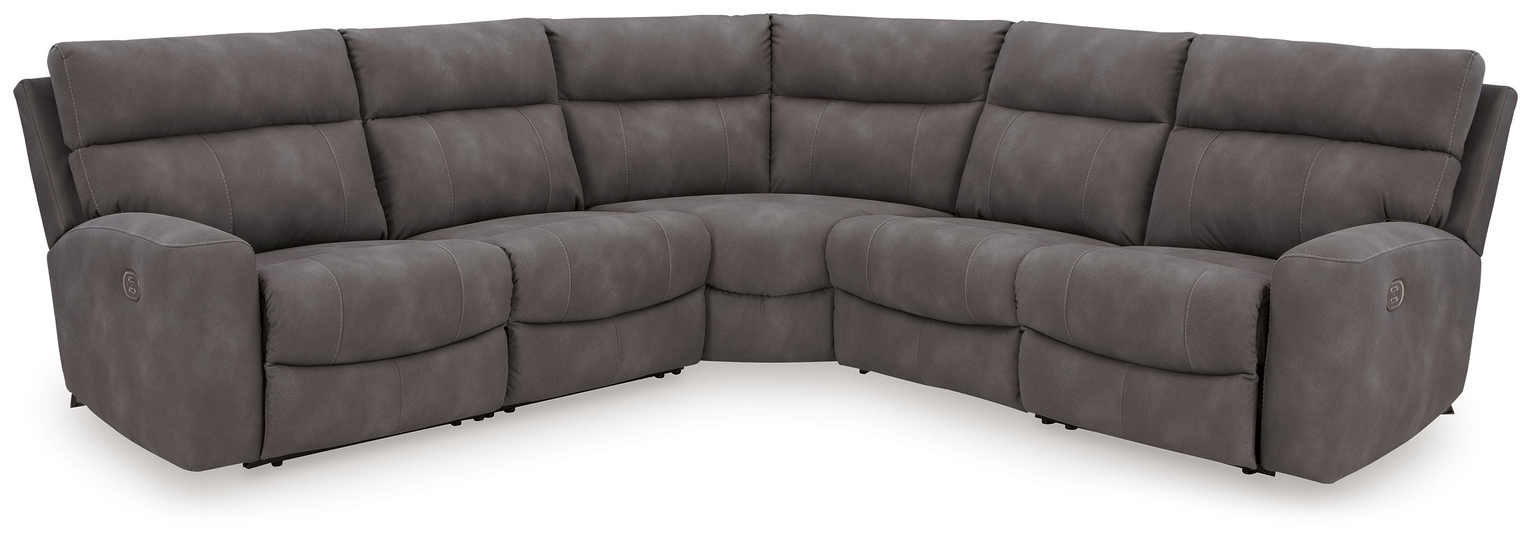 Dark gray power reclining sectional sofa with L-shaped layout and tufted back cushions