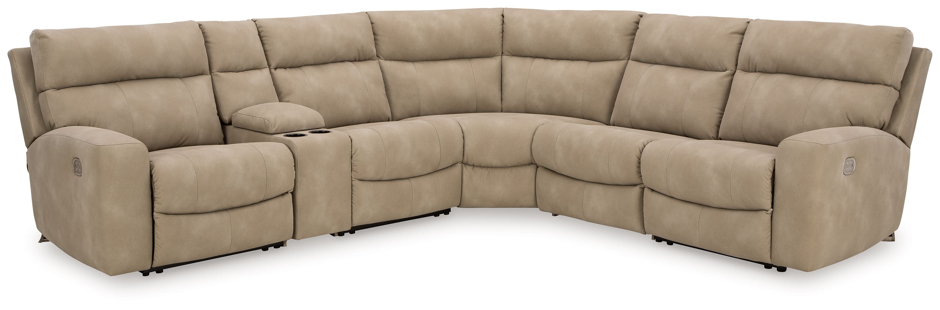 Sand beige power reclining sectional sofa with L-shaped layout and cushioned arms