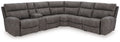 Dark gray corner power reclining sectional with multiple padded seats and backs