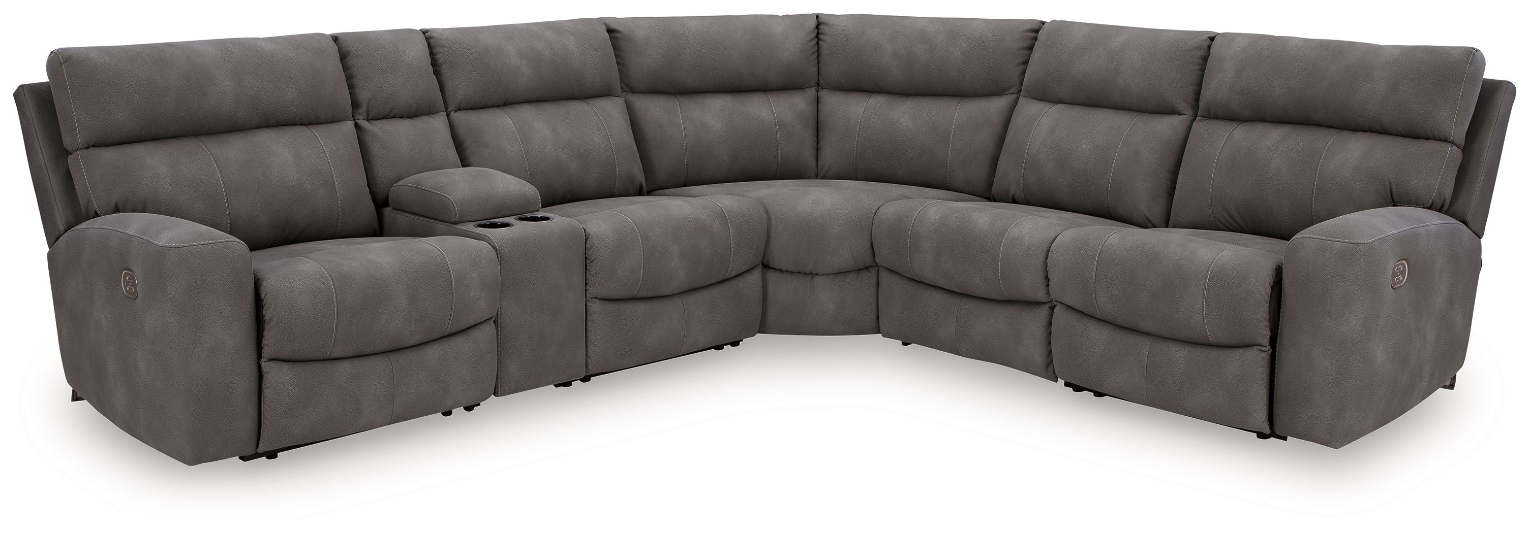 Dark gray corner power reclining sectional with multiple padded seats and backs