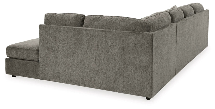 Gray sectional sofa chaise with straight back and clean-lined seat cushions