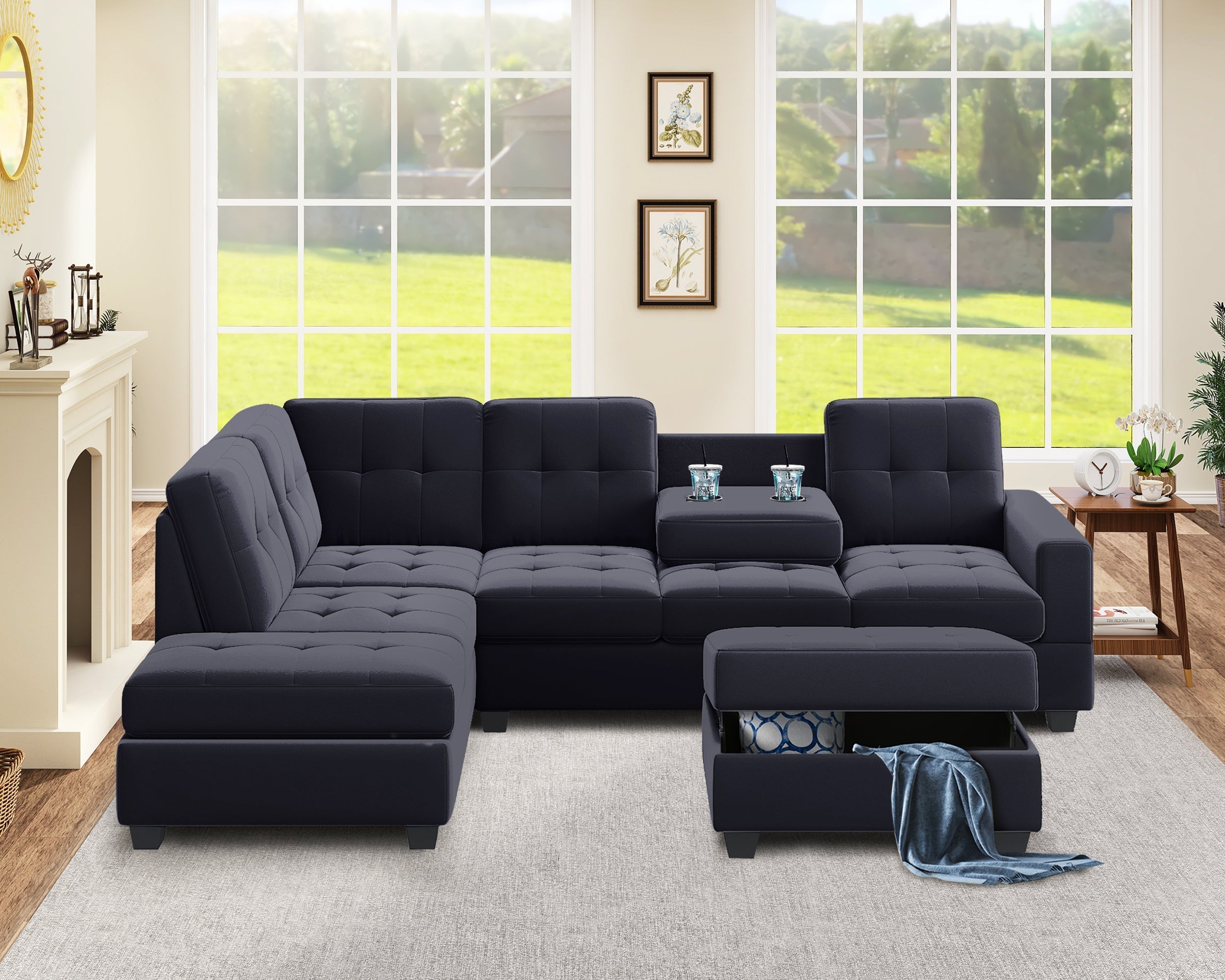 Orisfur Modern Sectional Sofa with Reversible Chaise | L-Shaped Couch Set with Storage Ottoman and Two Cup Holders | Stylish and Functional for Living Room-American Furniture Outlet -American Furniture Outlet