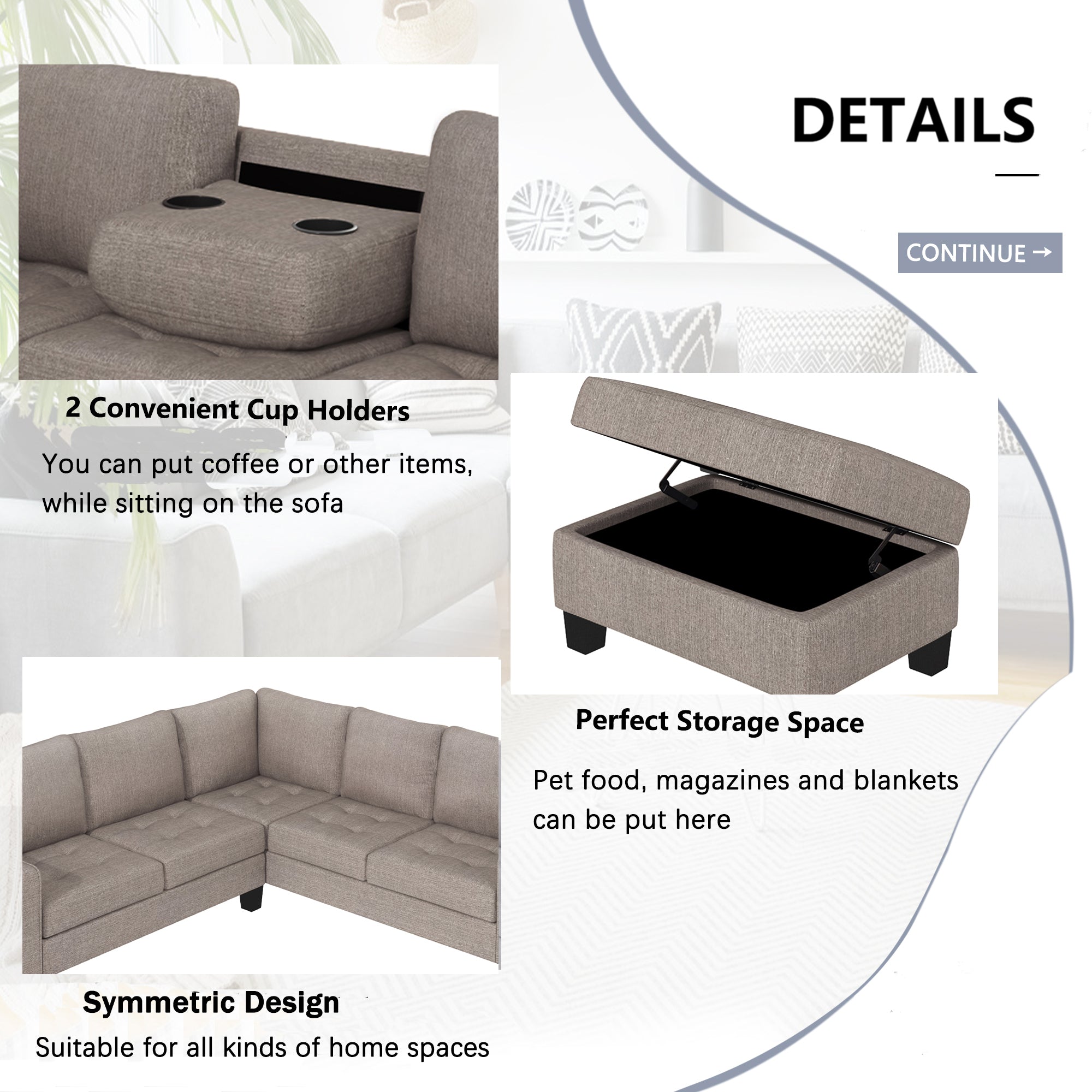 Orisfur Sectional Corner Sofa L-Shape Couch | Space-Saving Design with Storage Ottoman & Cup Holders | Ideal for Large Spaces, Dorms, Apartments-American Furniture Outlet -American Furniture Outlet