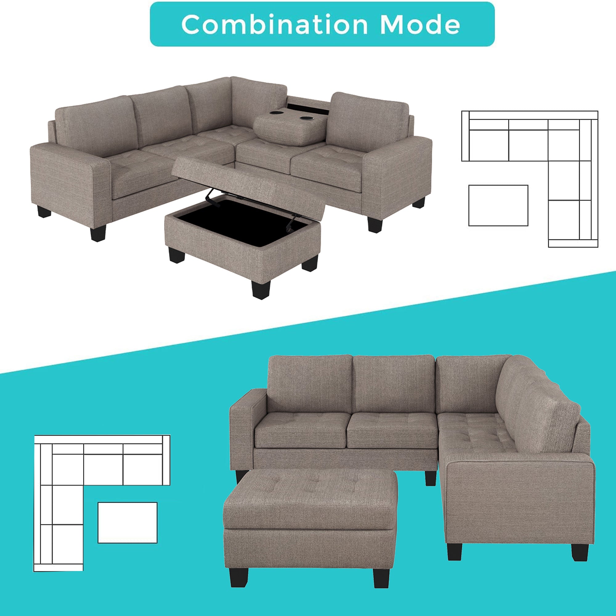 Orisfur Sectional Corner Sofa L-Shape Couch | Space-Saving Design with Storage Ottoman & Cup Holders | Ideal for Large Spaces, Dorms, Apartments-American Furniture Outlet -American Furniture Outlet