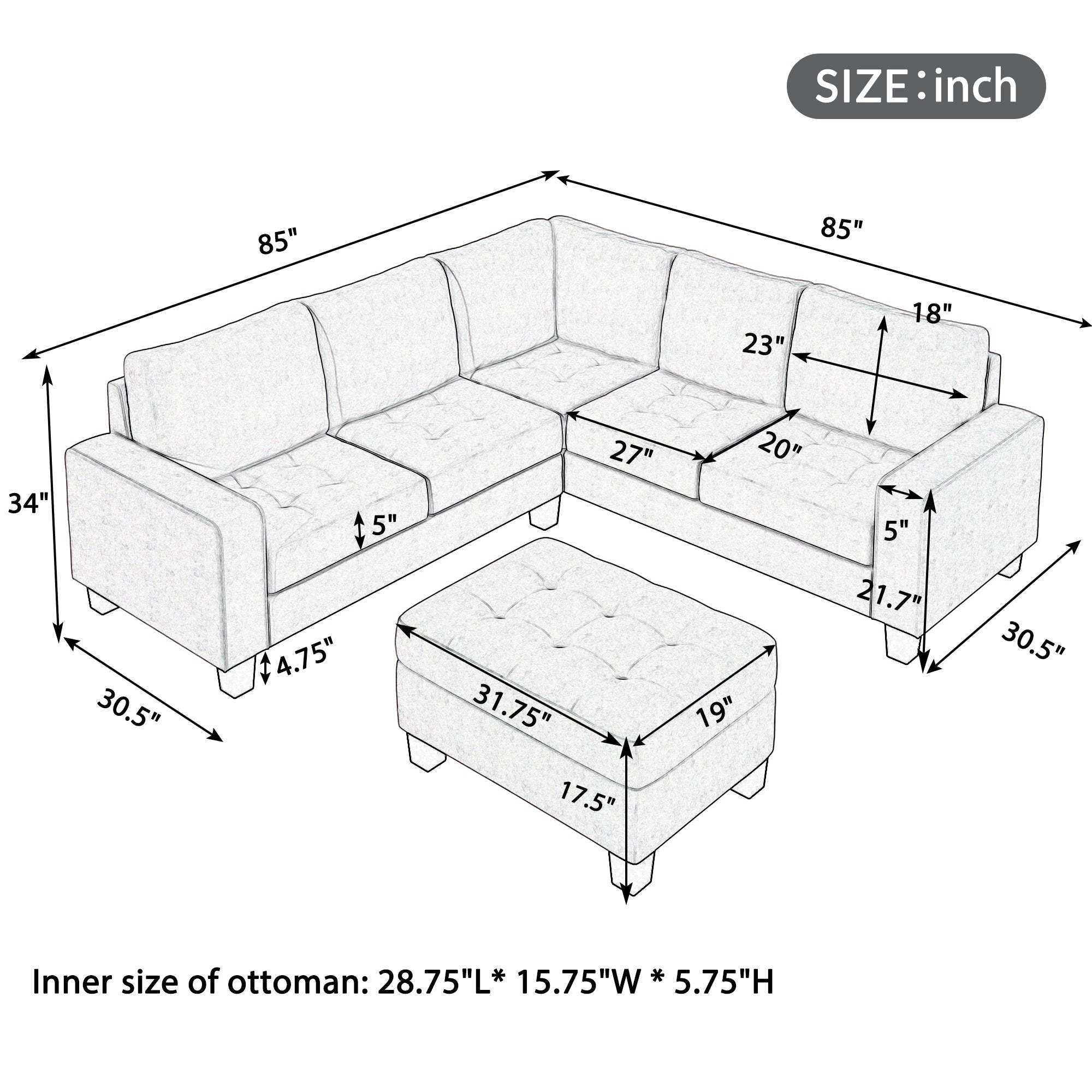 Orisfur Sectional Corner Sofa L-Shape Couch | Space-Saving Design with Storage Ottoman & Cup Holders | Ideal for Large Spaces, Dorms, Apartments-American Furniture Outlet -American Furniture Outlet