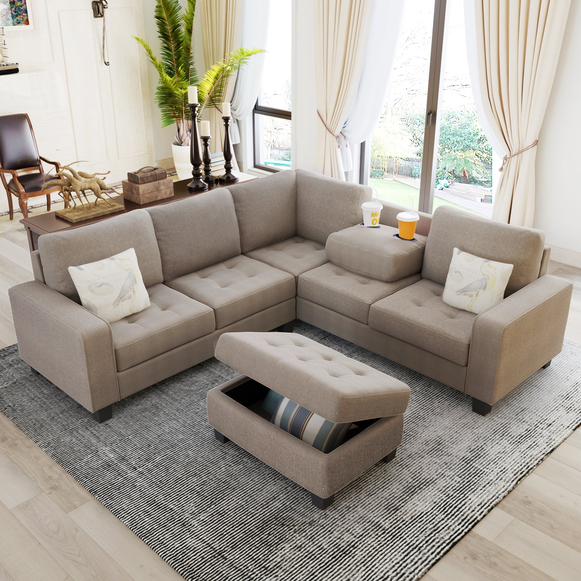 Orisfur Sectional Corner Sofa L-Shape Couch | Space-Saving Design with Storage Ottoman & Cup Holders | Ideal for Large Spaces, Dorms, Apartments-American Furniture Outlet -American Furniture Outlet