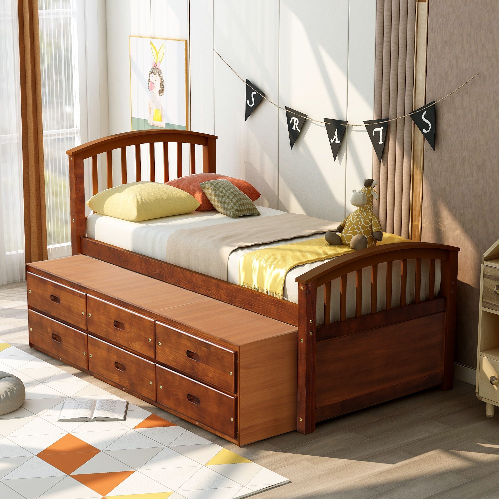 Orisfur Twin Size Platform Storage Bed | Solid Wood | 6 Drawers | Space-Saving Solution-American Furniture Outlet