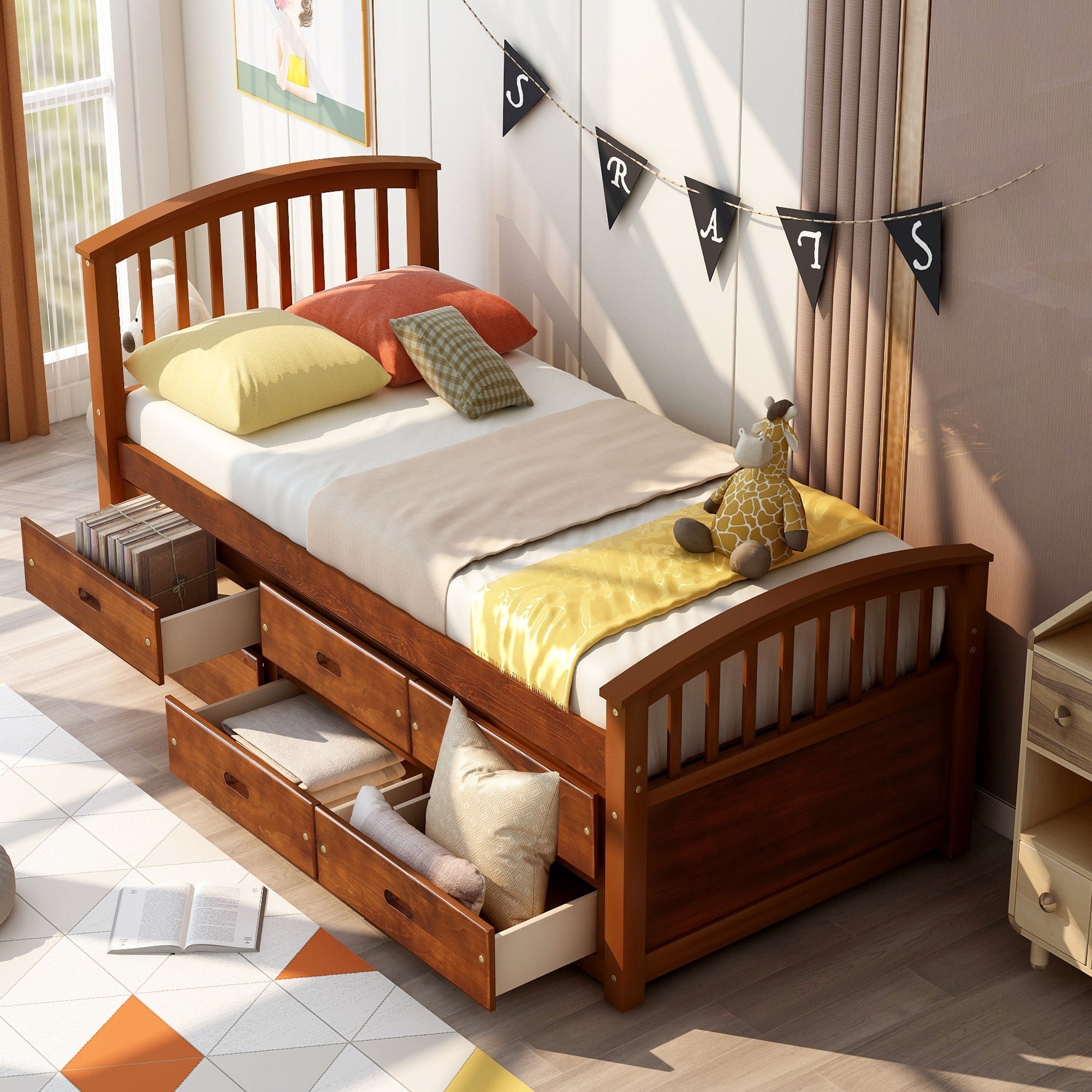 Orisfur Twin Size Platform Storage Bed | Solid Wood | 6 Drawers | Space-Saving Solution-American Furniture Outlet