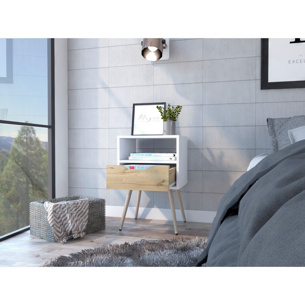 Otom Nightstand w/ Drawer & Shelf - White/Oak-American Furniture Outlet
