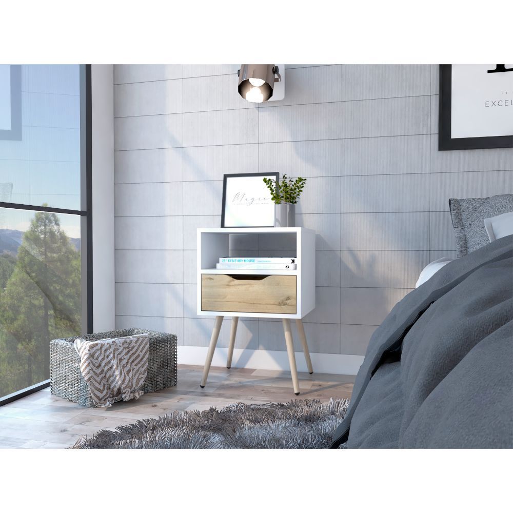 Otom Nightstand w/ Drawer & Shelf - White/Oak-American Furniture Outlet