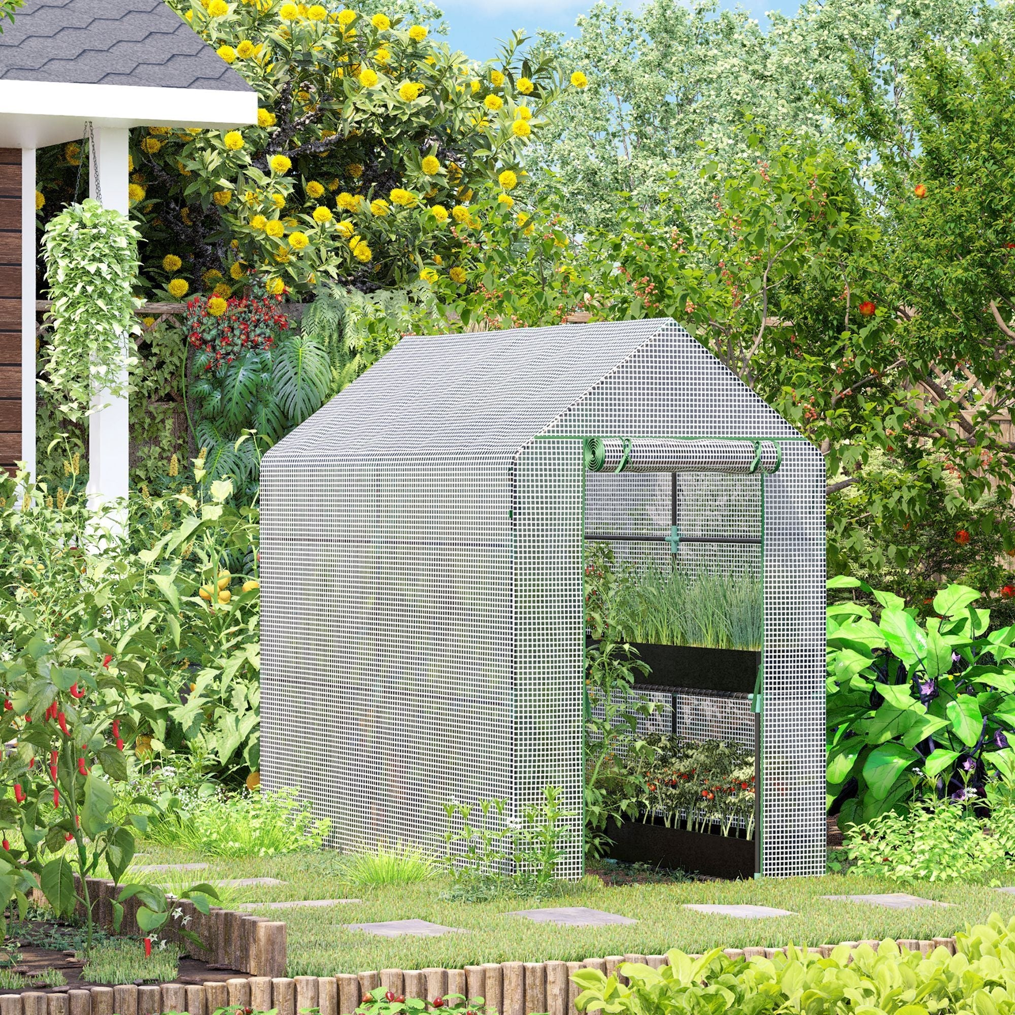Outsunny Walk-in Greenhouse w/ Roll-up Door - 4 Shelves-American Furniture Outlet