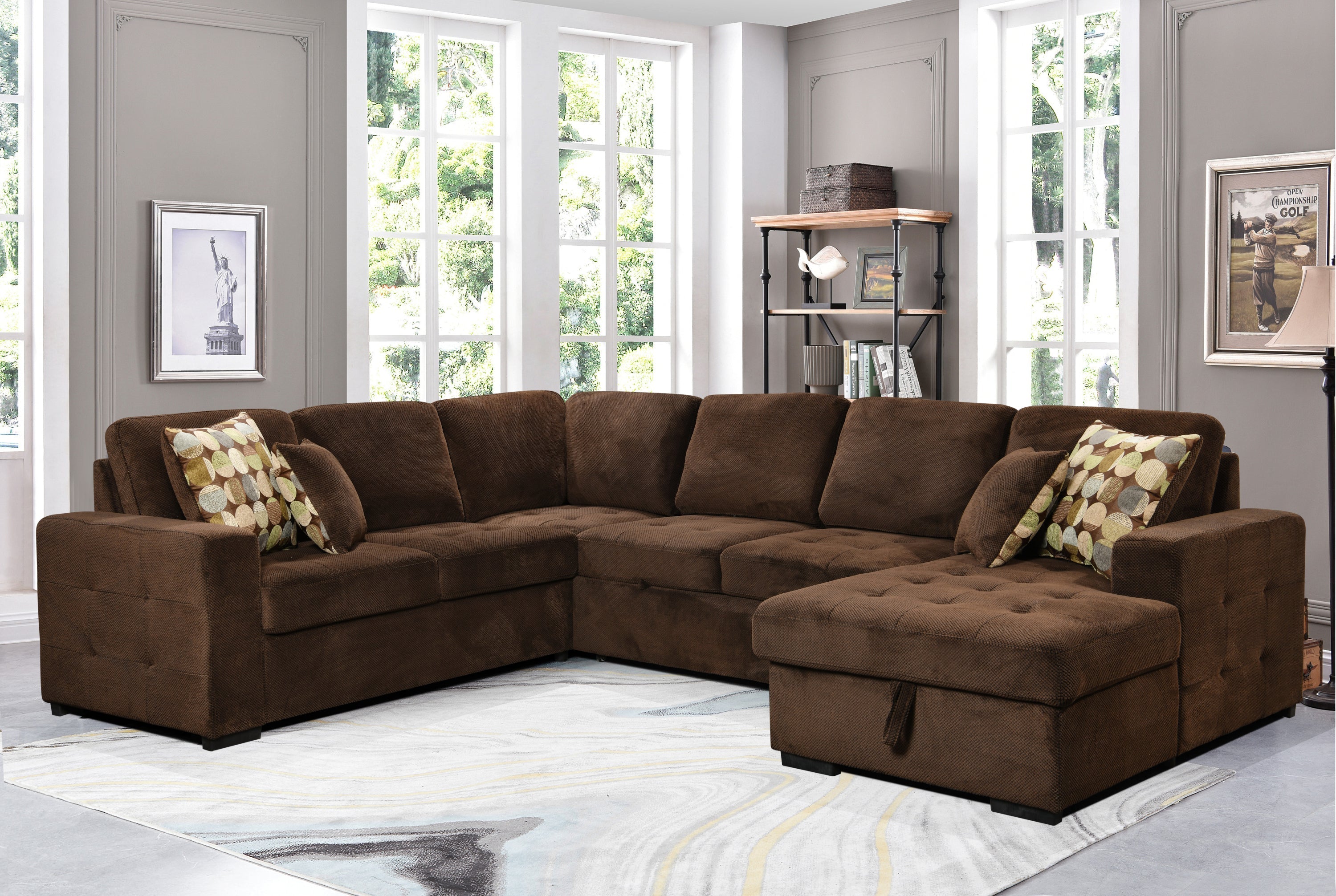 Oversized Brown Velvet U Shaped Sectional - Storage Chaise, Pillows-American Furniture Outlet -American Furniture Outlet