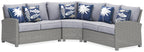 Light gray outdoor sectional sofa with three back cushions and blue patterned pillows