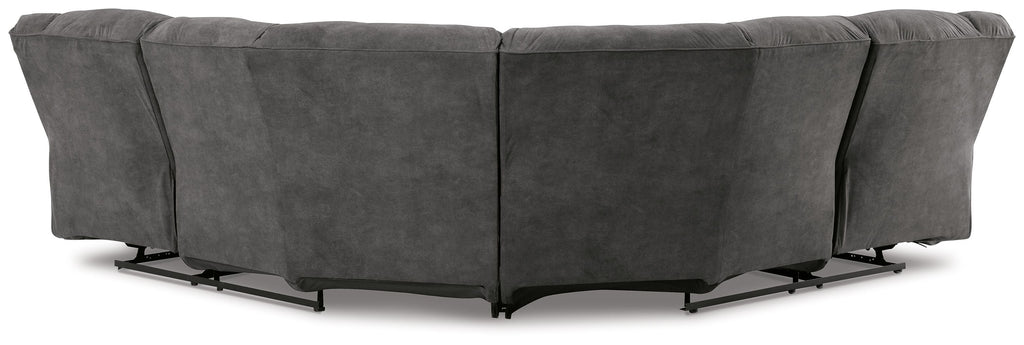 Slate gray reclining sectional sofa back view with multiple recline positions