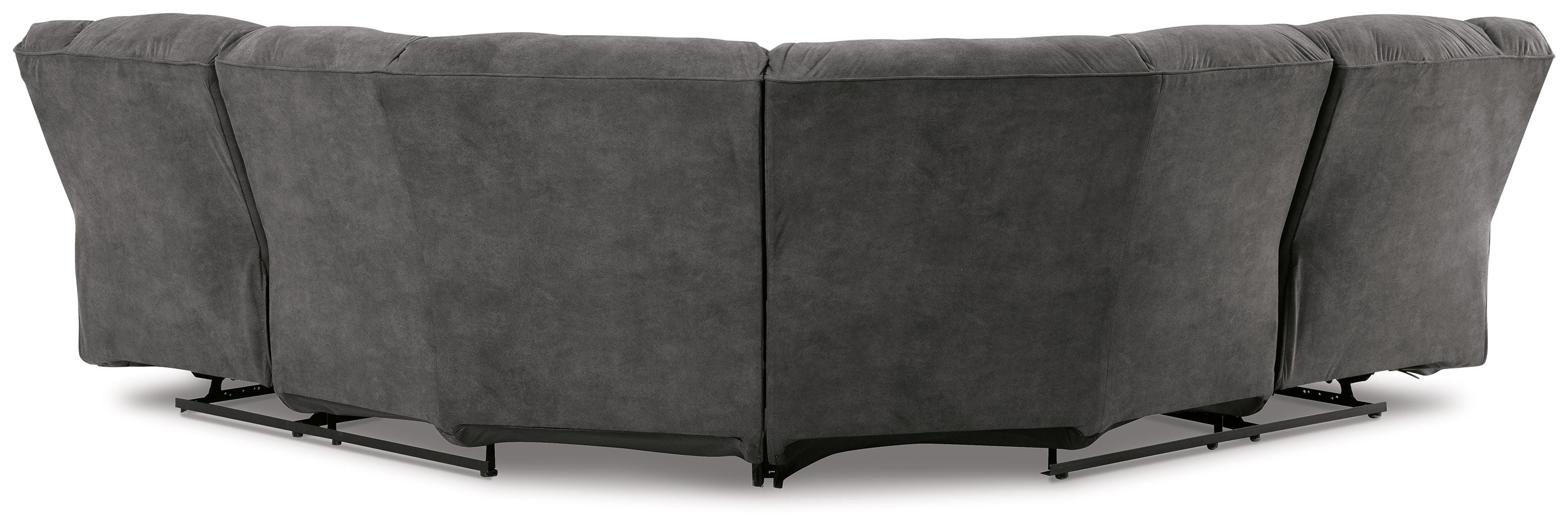 Slate gray reclining sectional sofa back view with multiple recline positions