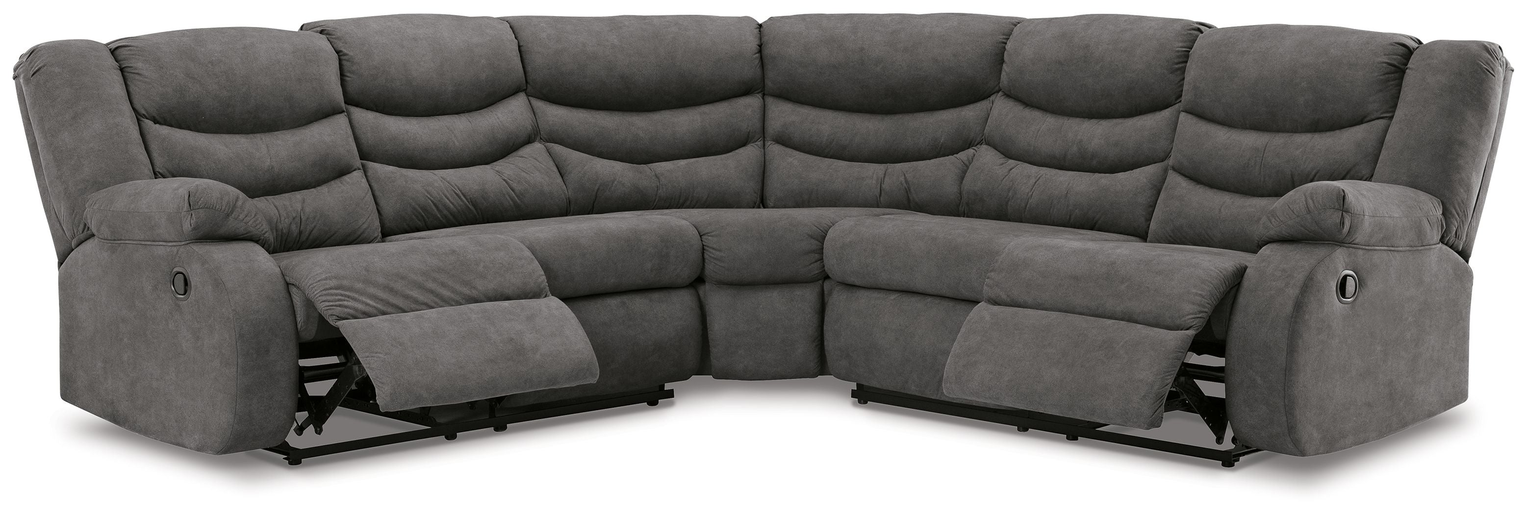 Slate gray reclining sectional sofa from front angle with tufted back and arms