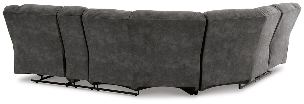 Slate gray reclining sectional sofa side view with three seat sections and metal recline bases