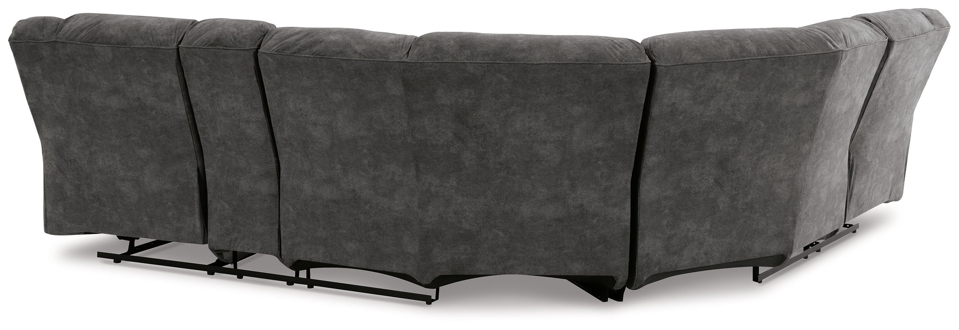 Slate gray reclining sectional sofa side view with three seat sections and metal recline bases