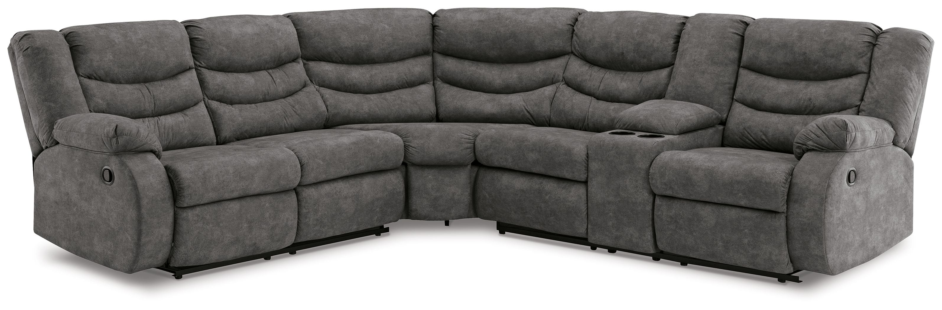 Slate gray reclining sectional sofa with tufted back and cushioned armrests