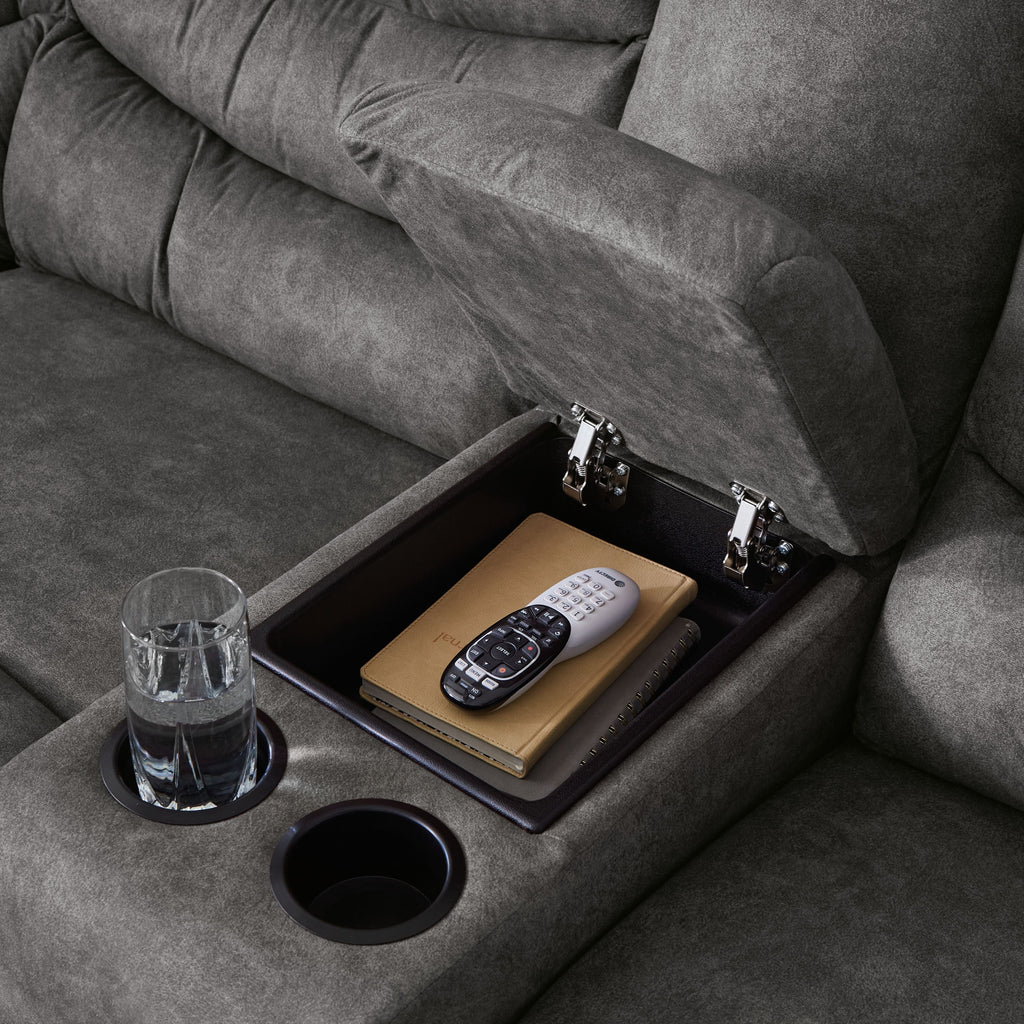 Slate gray reclining sectional with storage console and cup holder