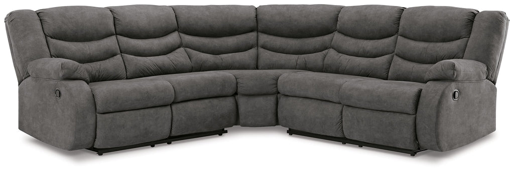 Slate gray U-shaped reclining sectional sofa, tufted cushions and split back seats