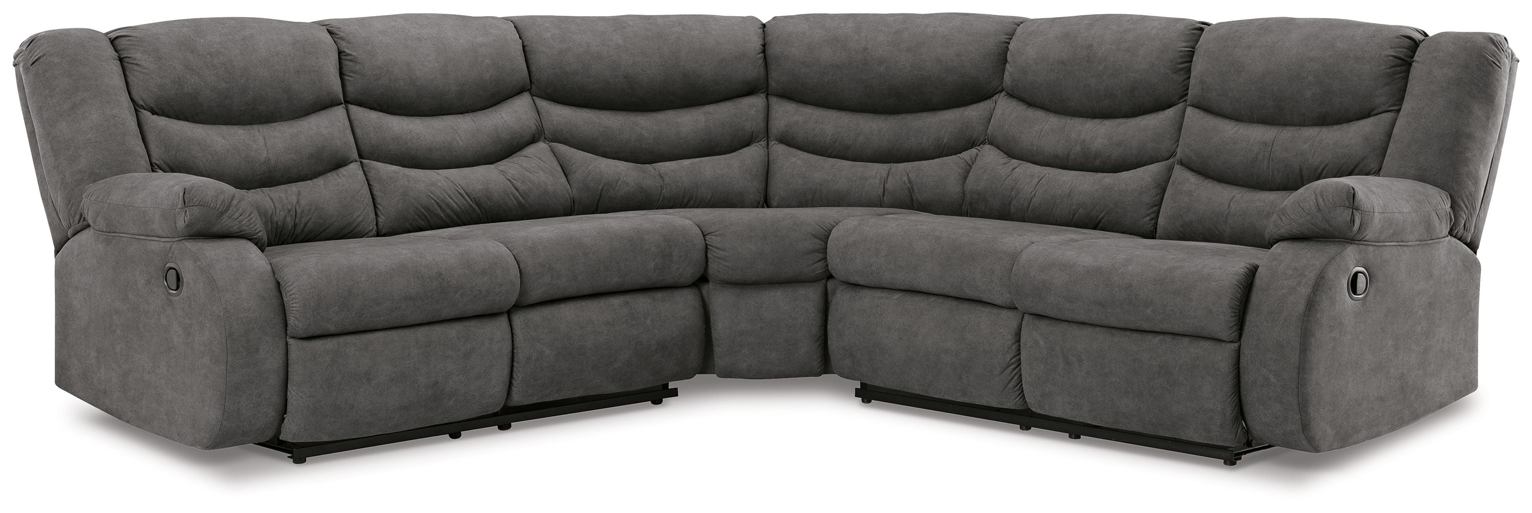 Slate gray U-shaped reclining sectional sofa, tufted cushions and split back seats