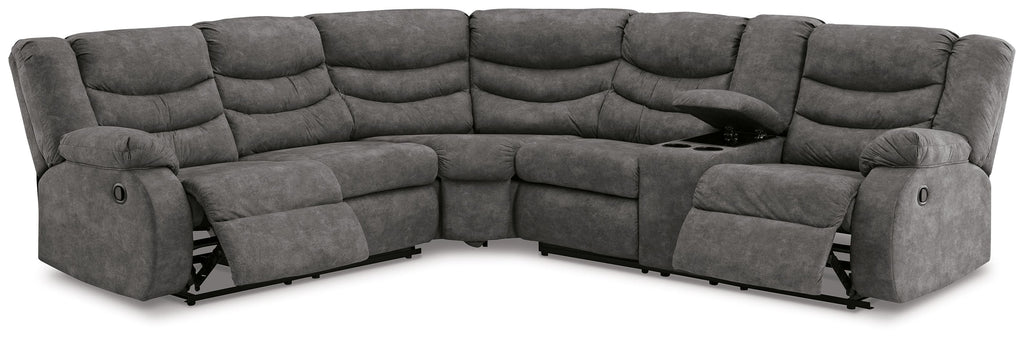 Slate gray reclining sectional sofa corner view with pull-tab recline controls