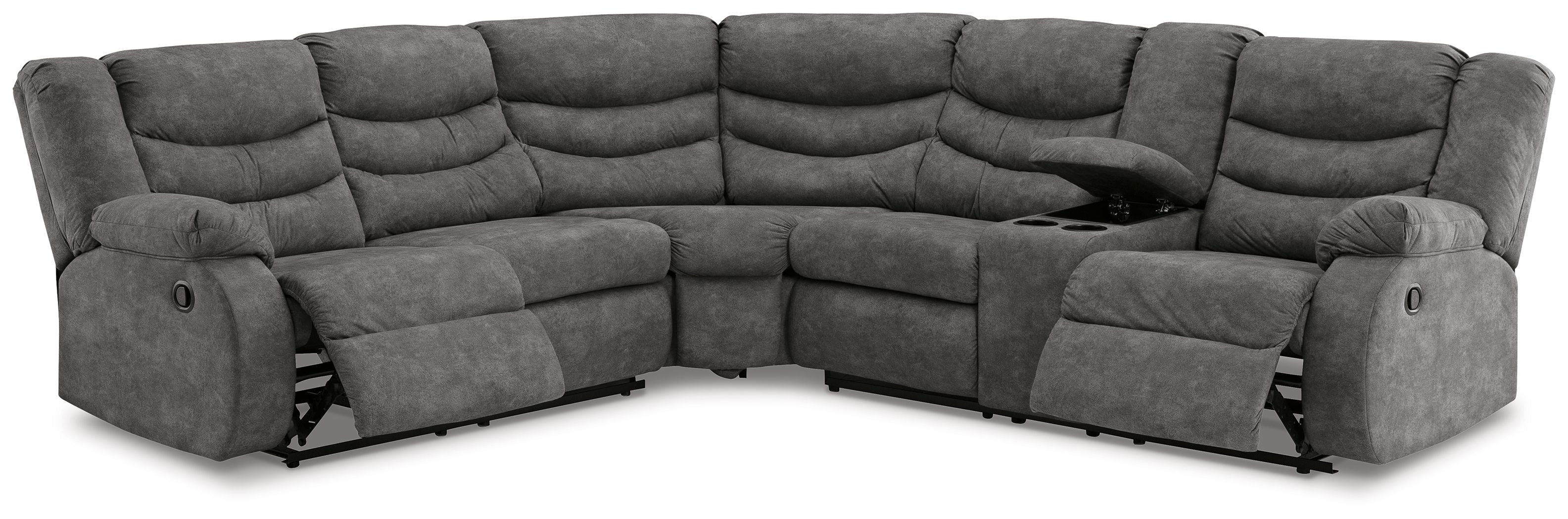 Slate gray reclining sectional sofa corner view with pull-tab recline controls