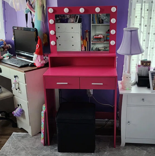 Pink Vanity Desk with Mirror & Lights-American Furniture Outlet