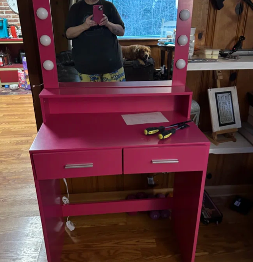 Pink Vanity Desk with Mirror & Lights-American Furniture Outlet