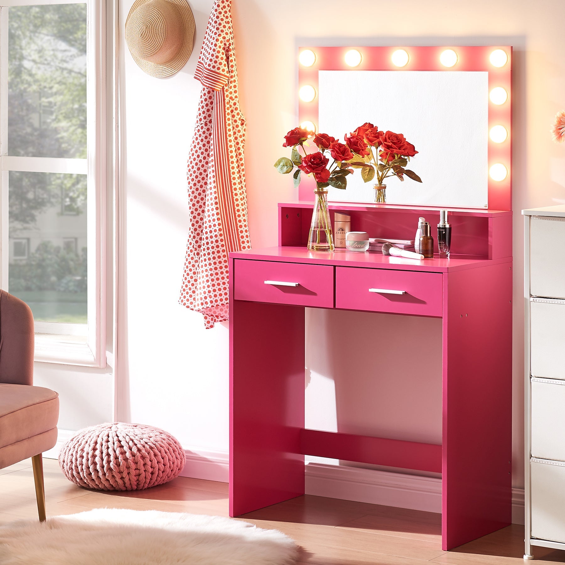 Pink Vanity Desk with Mirror & Lights-American Furniture Outlet