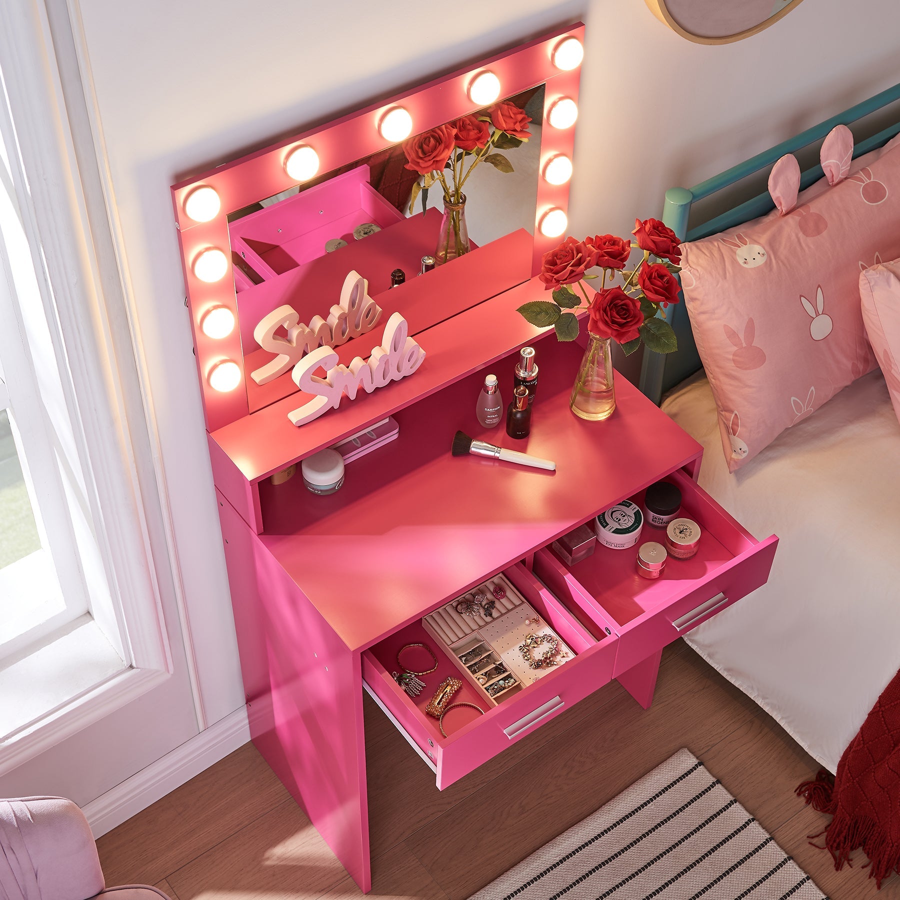 Pink Vanity Desk with Mirror & Lights-American Furniture Outlet