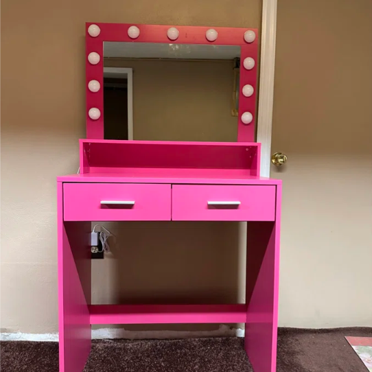 Pink Vanity Desk with Mirror & Lights-American Furniture Outlet