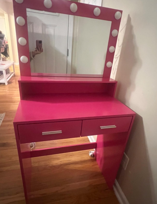 Pink Vanity Desk with Mirror & Lights-American Furniture Outlet