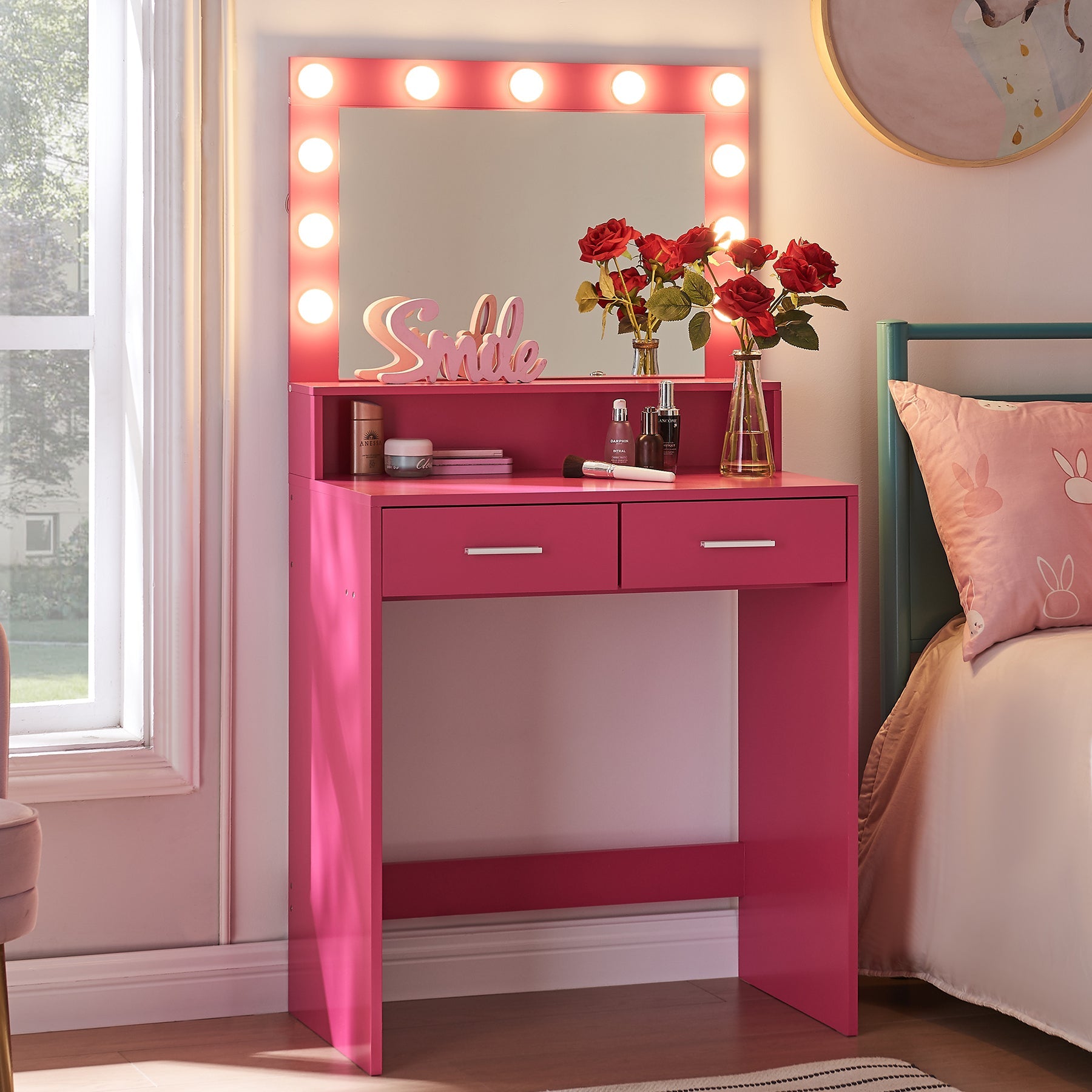 Pink Vanity Desk with Mirror & Lights-American Furniture Outlet