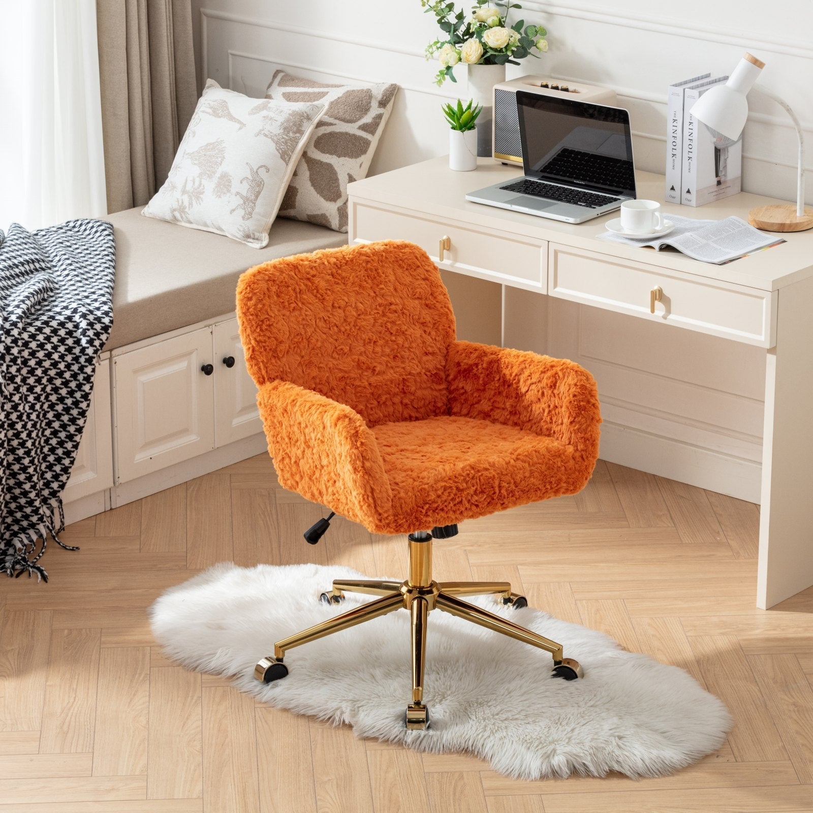 Plush Home Office Chair with Gold Base - Orange-American Furniture Outlet