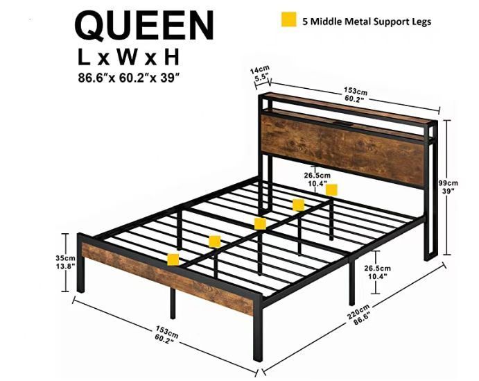 Queen Size Metal Platform Bed Frame with Wooden Headboard & Footboard, USB LINER | No Box Spring | Large Under Bed Storage | Easy Assembly-American Furniture Outlet